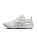 White Nike Pegasus sneaker with silver-grey Swoosh, side view on white background