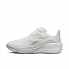 White Nike Pegasus sneaker with silver-grey Swoosh, side view on white background