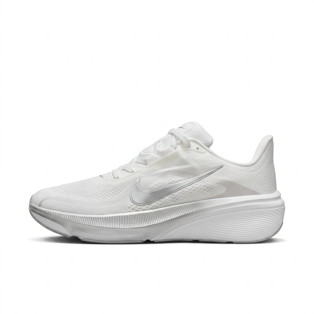White Nike Pegasus sneaker with silver-grey Swoosh, side view on white background