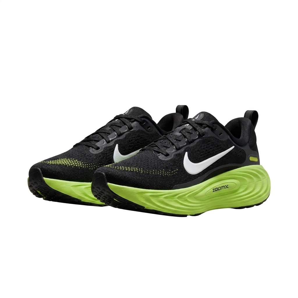 Black Nike sneaker pair with white Swooshes and neon-lime soles, angled view on white background