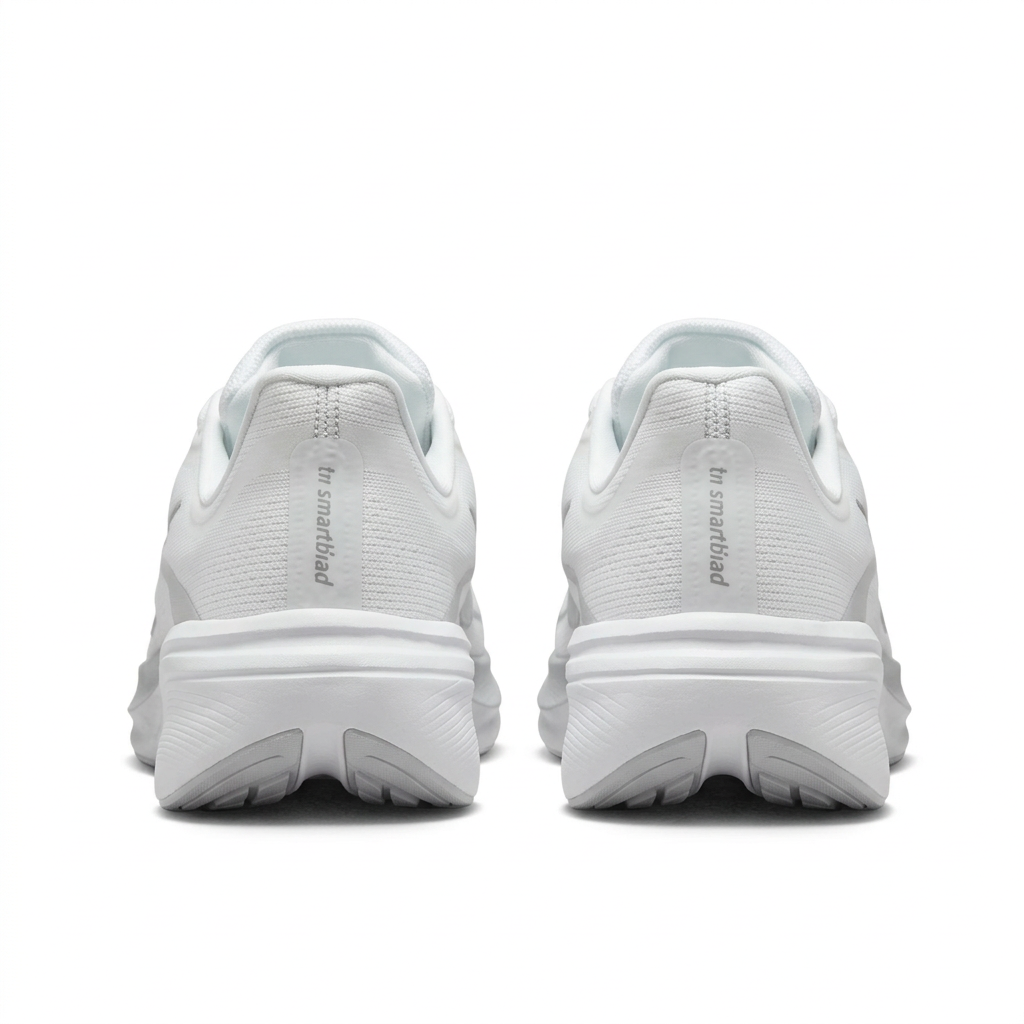 White Nike Pegasus sneakers with thick soles, rear view on white background