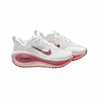 White Nike sneaker pair with rose-pink Swooshes and layered pink soles, angled view on white background