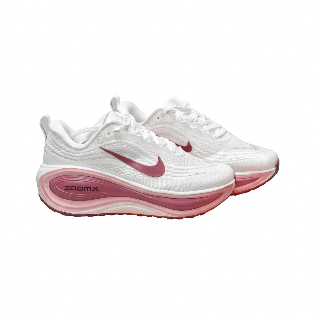 White Nike sneaker pair with rose-pink Swooshes and layered pink soles, angled view on white background