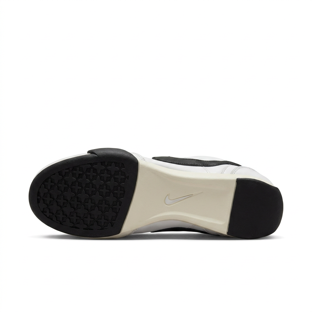 Nike sneaker outsole with black forefoot and heel sections and a cream center on white.