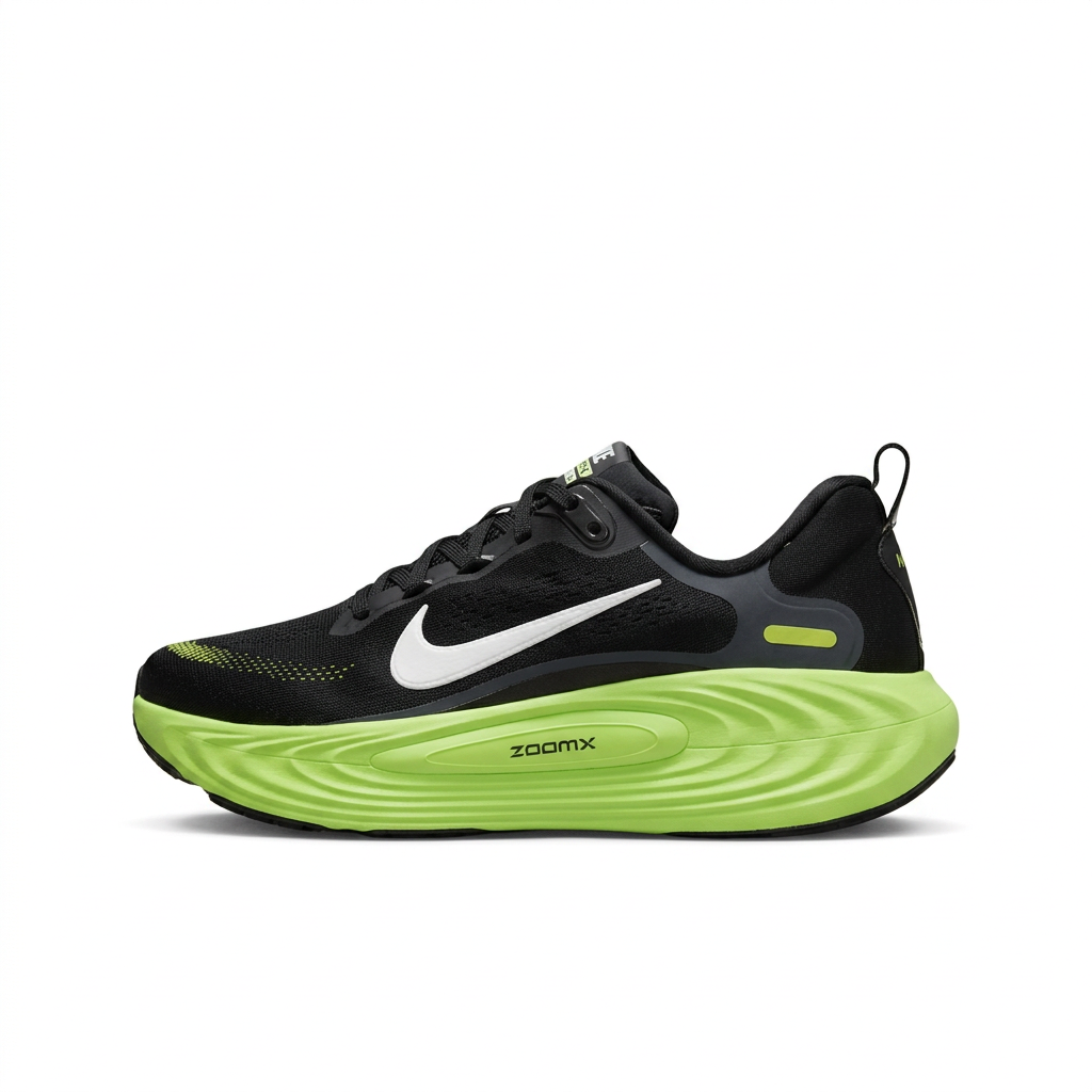 Black Nike sneaker with white Swoosh and neon-lime sculpted sole, side view on white background