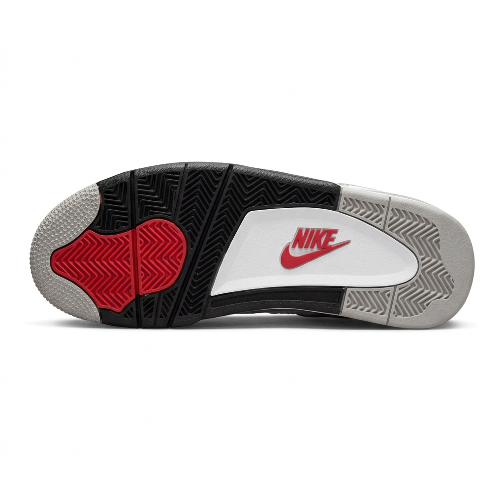 Air Jordan 4 outsole in black, white, grey and red on white background