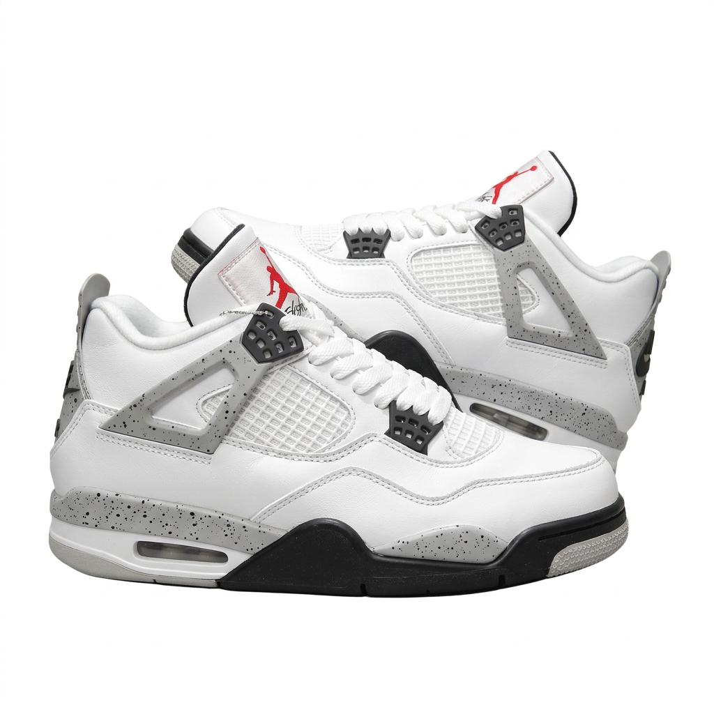 White Air Jordan 4 sneakers with grey speckled midsoles, angled view on white background