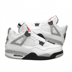 White Air Jordan 4 sneakers with grey speckled midsoles, angled view on white background
