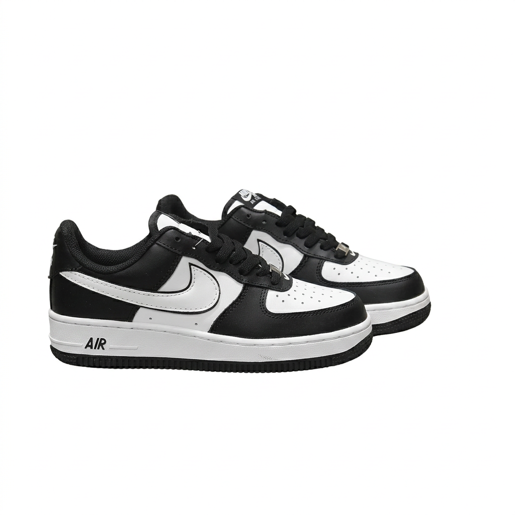 Pair of black and white Nike Air Force 1 low-top sneakers in a three-quarter view on white.