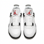 White Air Jordan 4 sneakers with red tongue logos, front view on white background