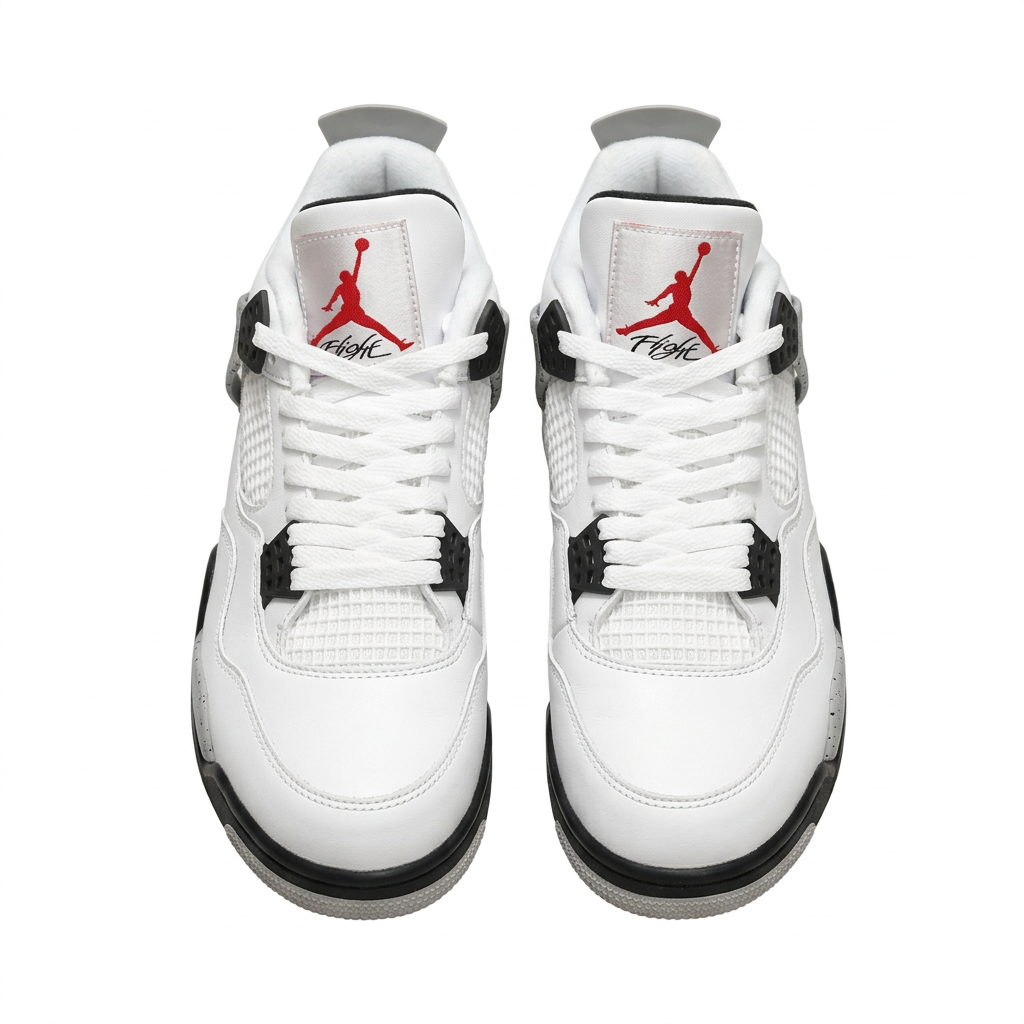 White Air Jordan 4 sneakers with red tongue logos, front view on white background