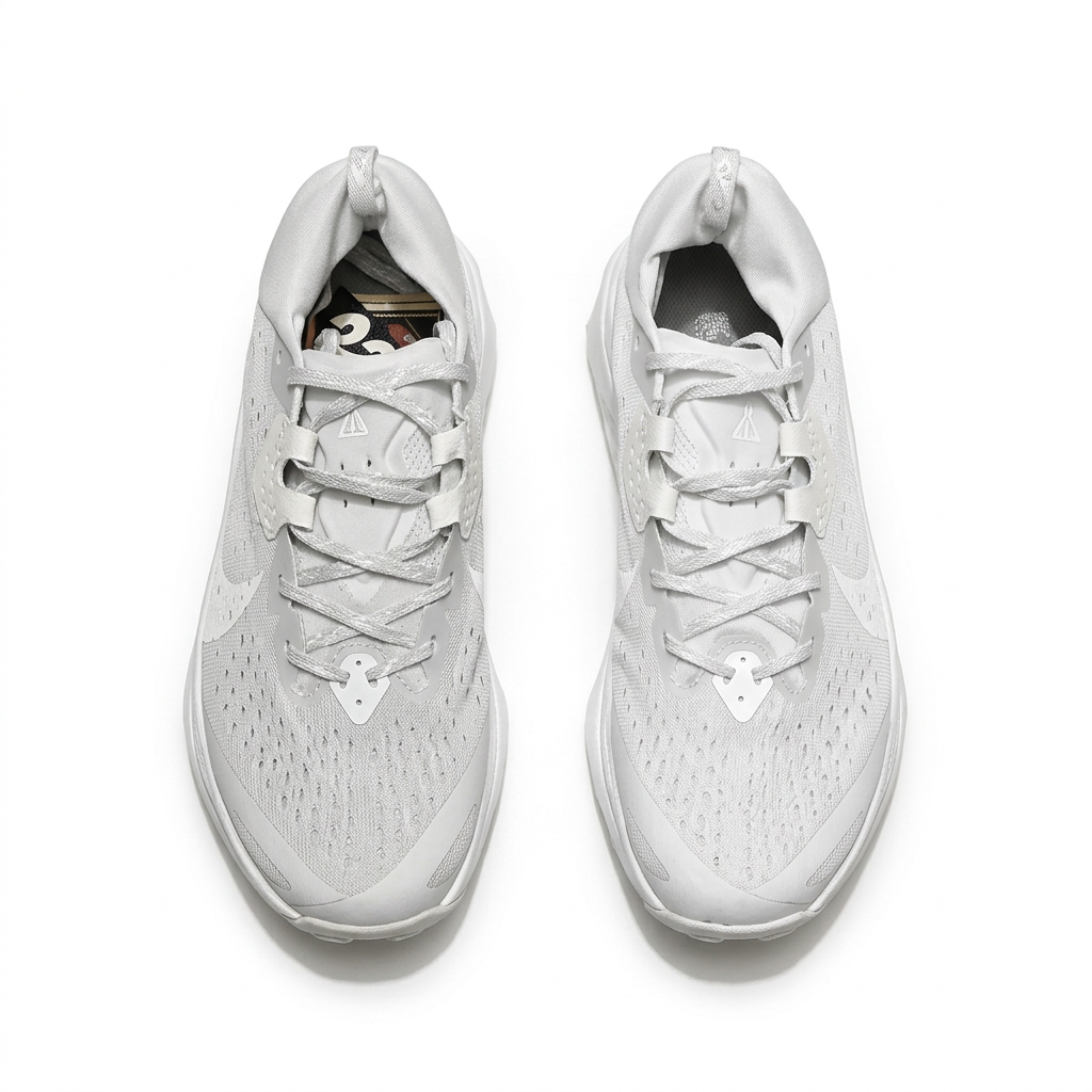 Light grey and white Nike ACG sneakers, top view on white background