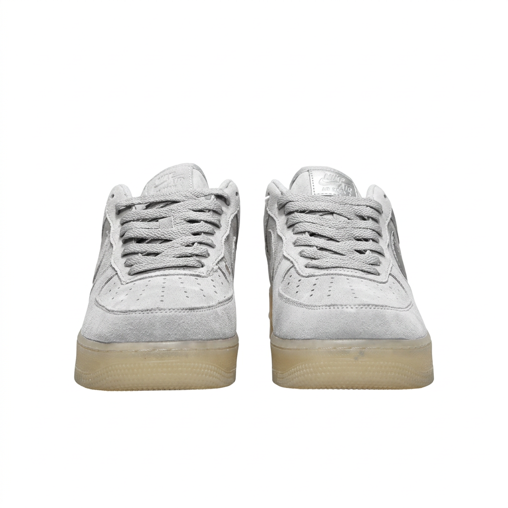 Front view of light grey Nike sneakers with grey laces and perforated toes on white.