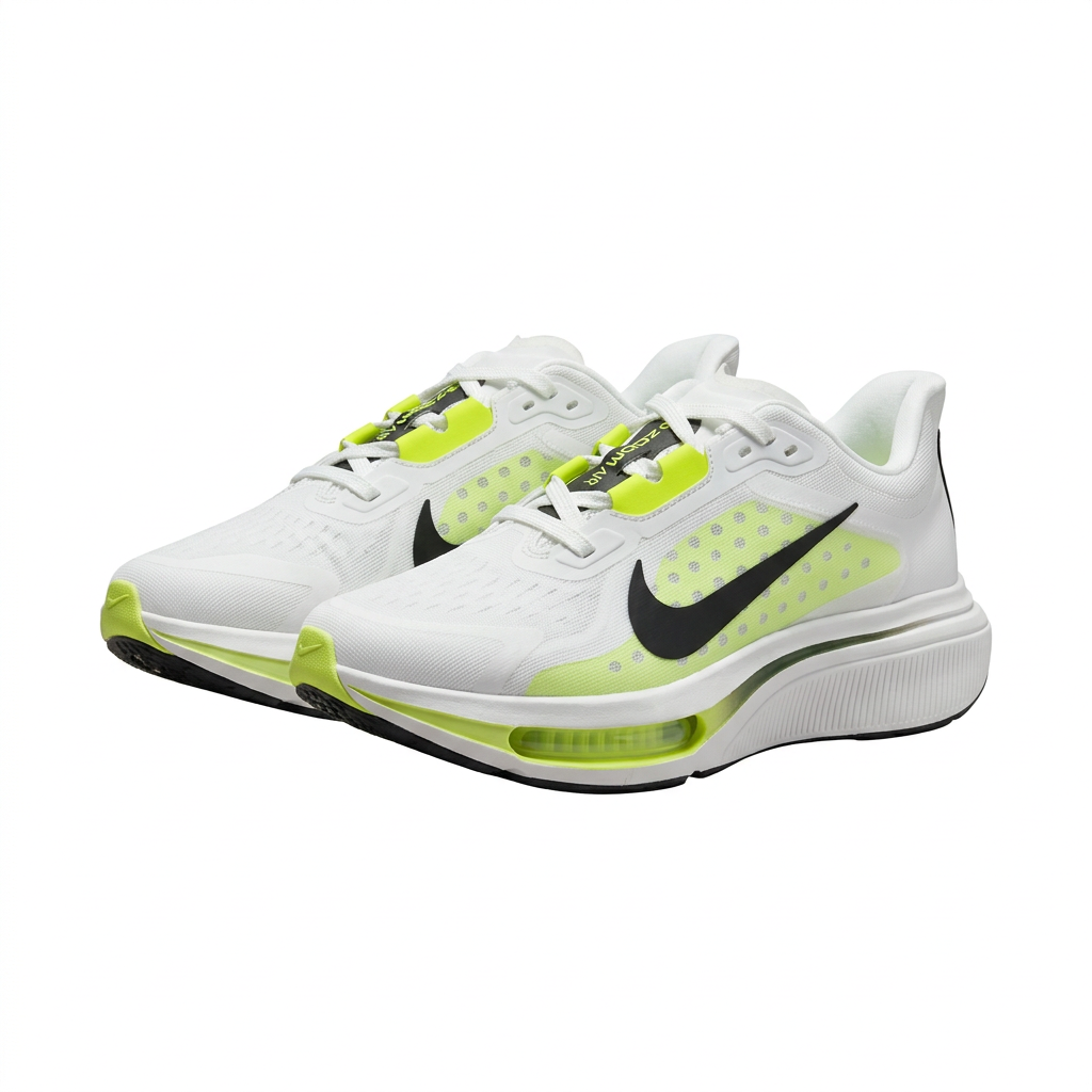 Pair of white Nike sneakers with neon lime accents, black Swoosh and thick sculpted white soles on white.