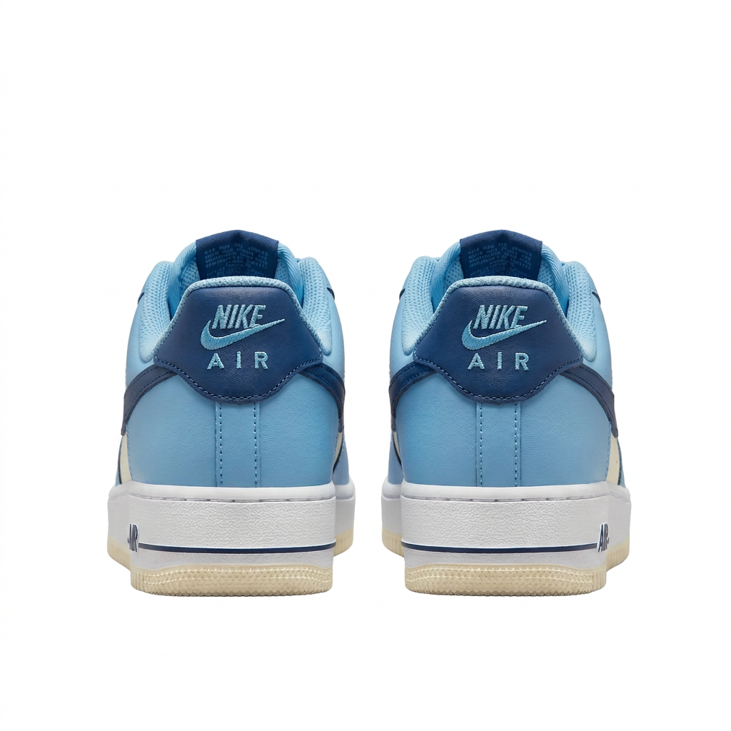 Light blue Nike Air Force 1 sneakers with navy heel tabs, rear view on white background