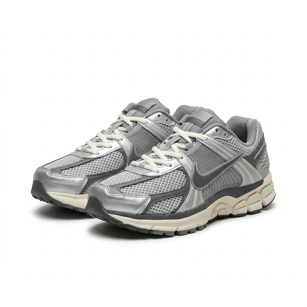 Silver grey and cream Nike retro-style sneakers, angled view on white