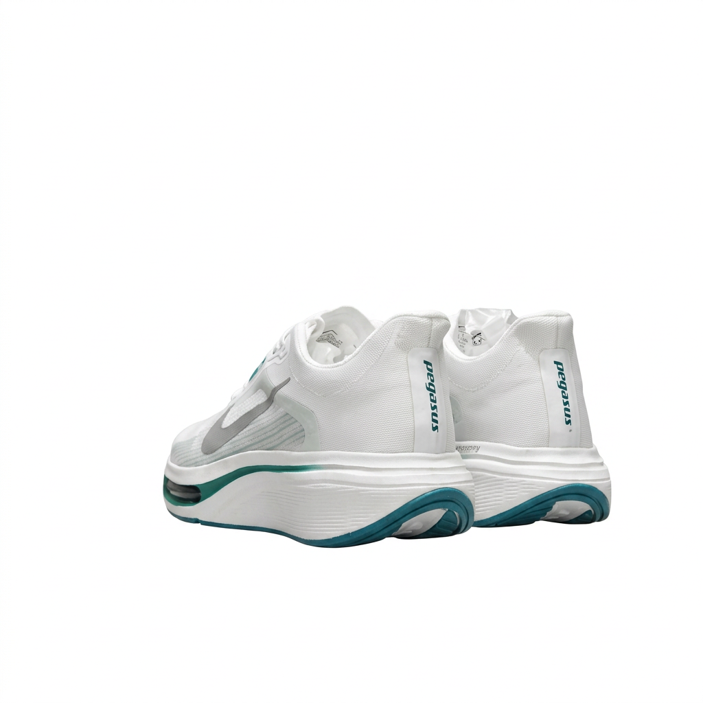 Rear view of white Nike sneakers with heel lettering, sculpted white midsoles and teal outsoles on white.