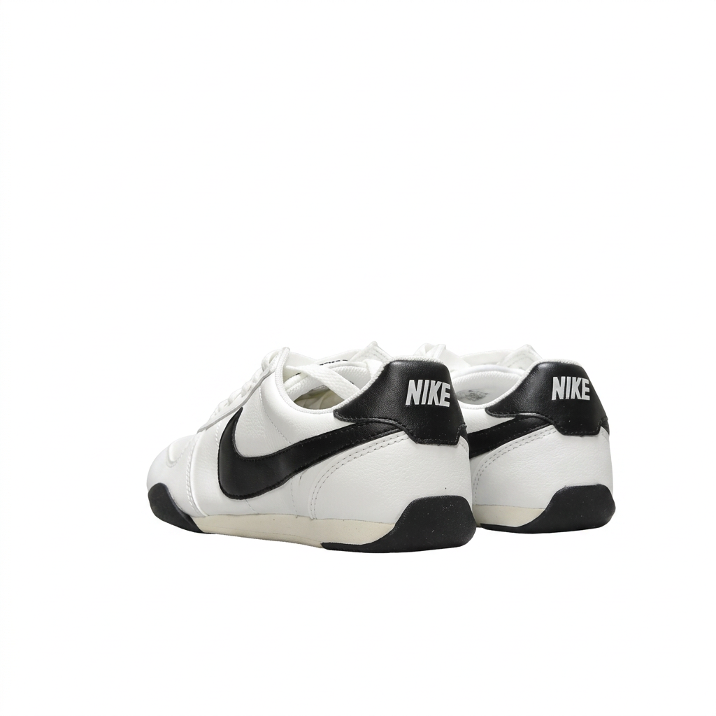 Rear view of white Nike sneakers with black Swoosh details and black heel tabs on white.