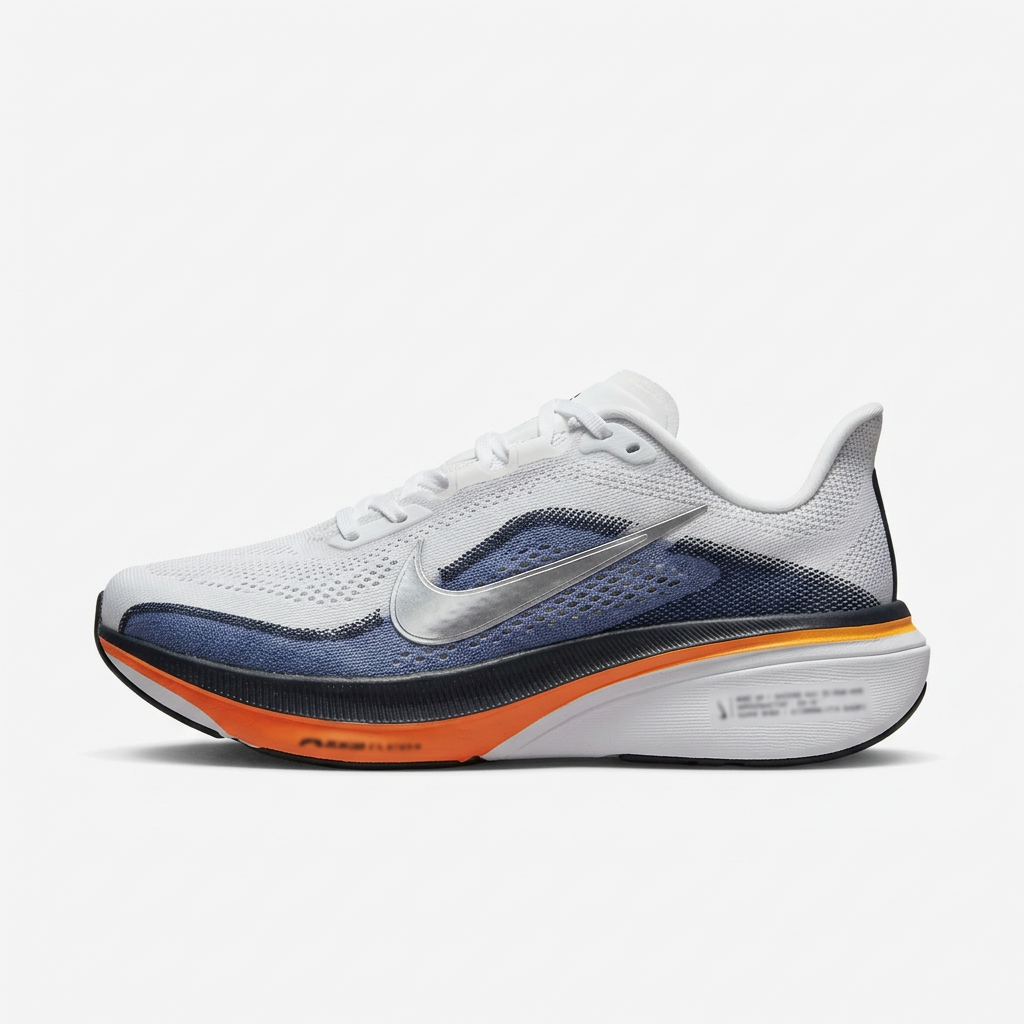 Nike low-top sneaker in white mesh with navy overlays and orange midsole accents, side view