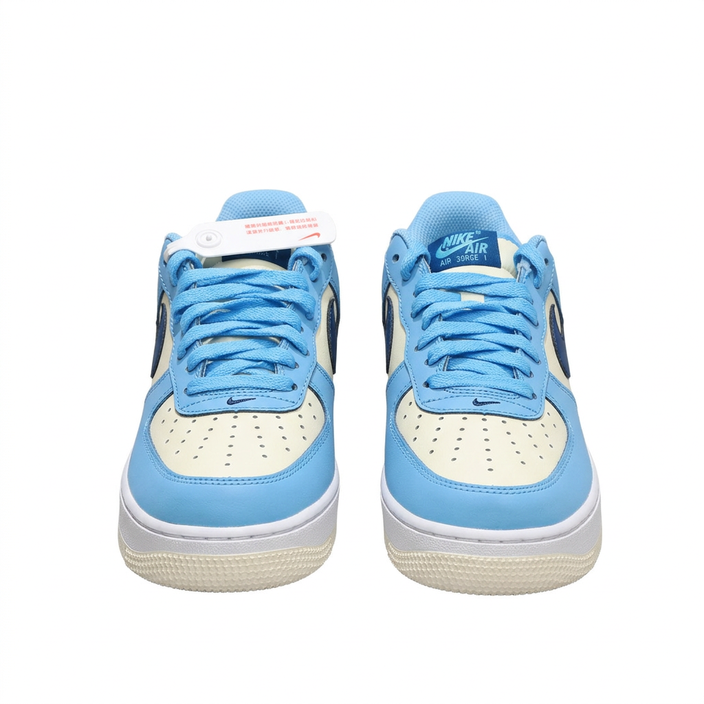 Light blue and cream Nike Air Force 1 sneakers, front view on white background