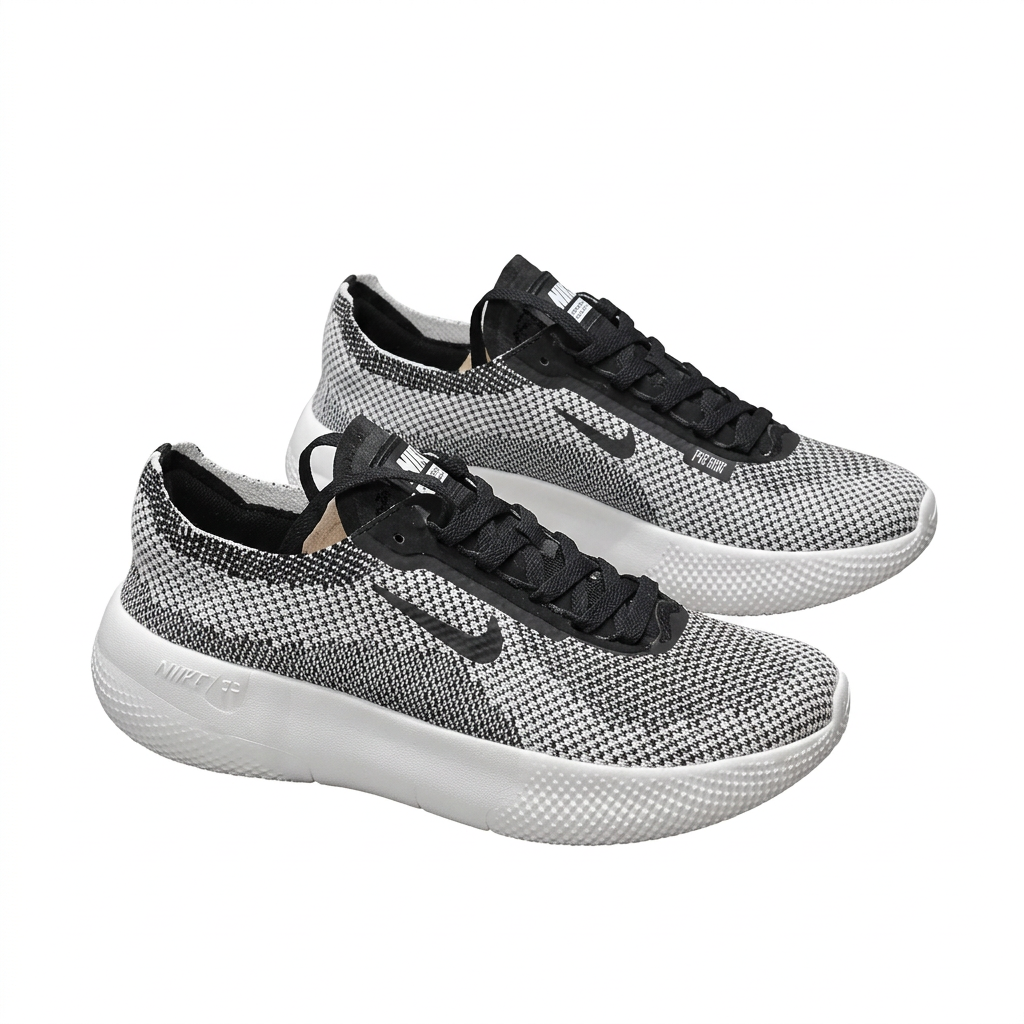 Pair of black and white textured Nike low-top sneakers with black Swoosh and thick white soles on white.