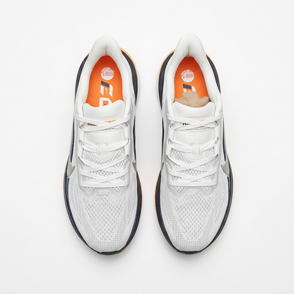 Top view of the white and navy Nike low-top sneakers