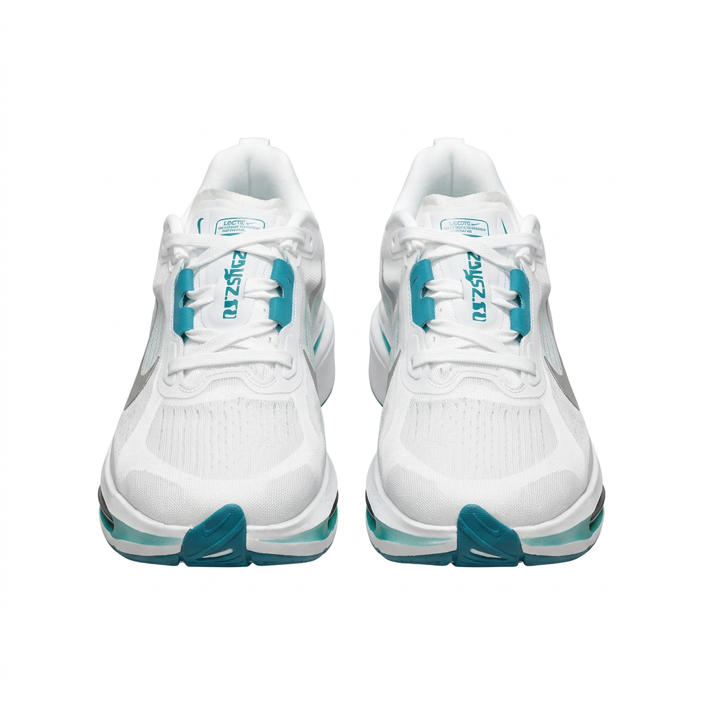Front view of white Nike sneakers with white laces and teal lace and toe accents on white.