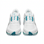 Front view of white Nike sneakers with white laces and teal lace and toe accents on white.