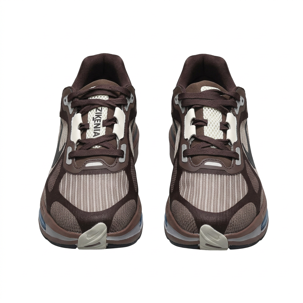 Front view of dark brown and taupe striped mesh Nike sneakers with brown laces and cream details on white.