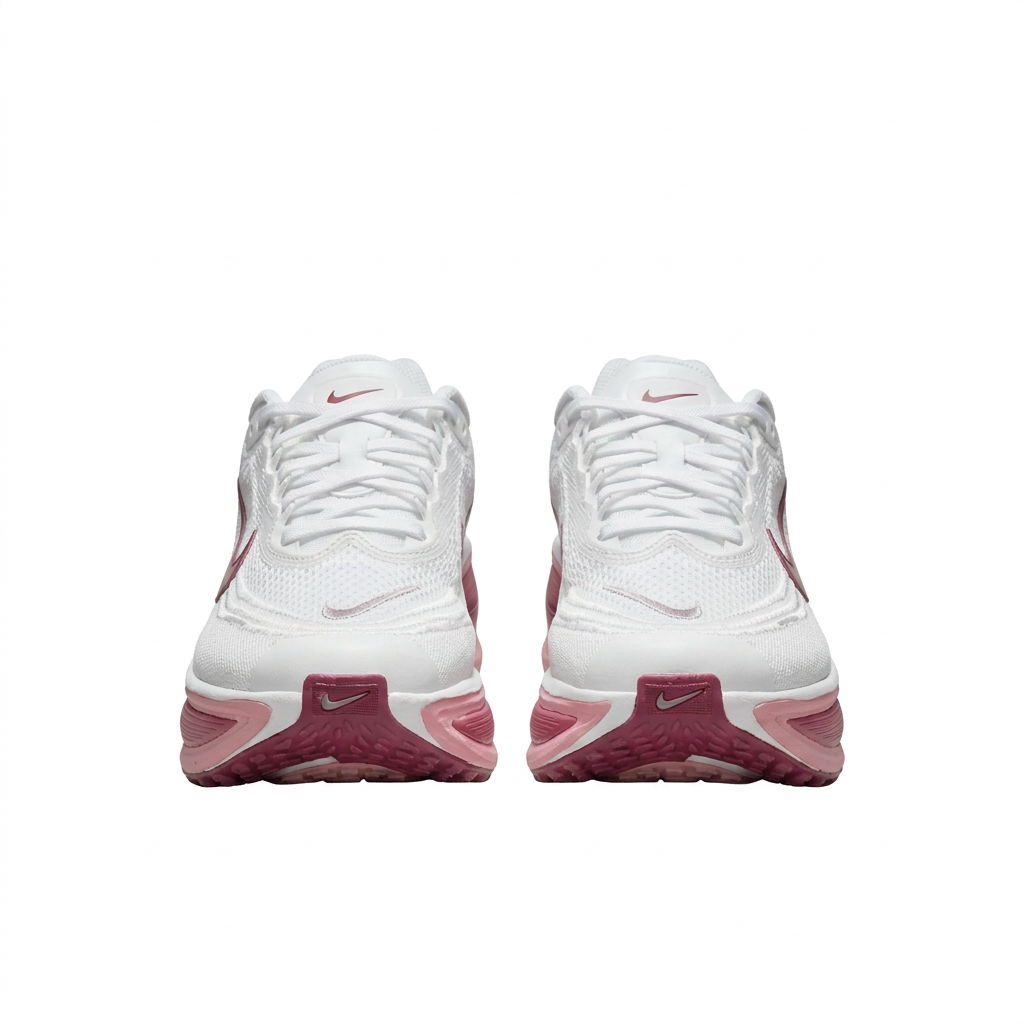White and rose-pink Nike sneakers, front view on white background