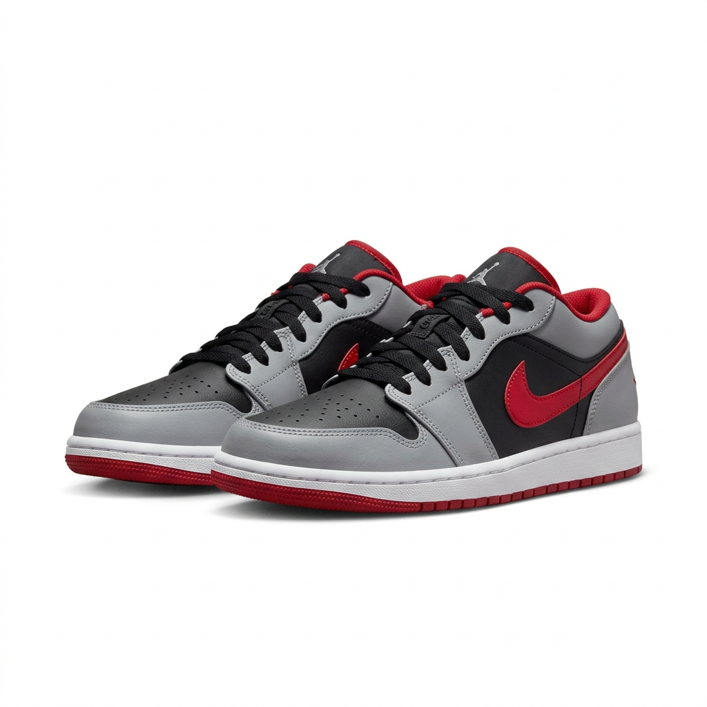 Black grey and red Air Jordan 1 Low sneakers, angled view on white background