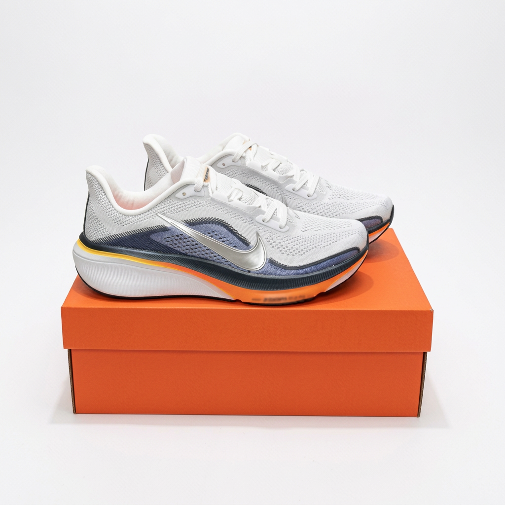 White and navy Nike low-top sneakers on an orange shoe box