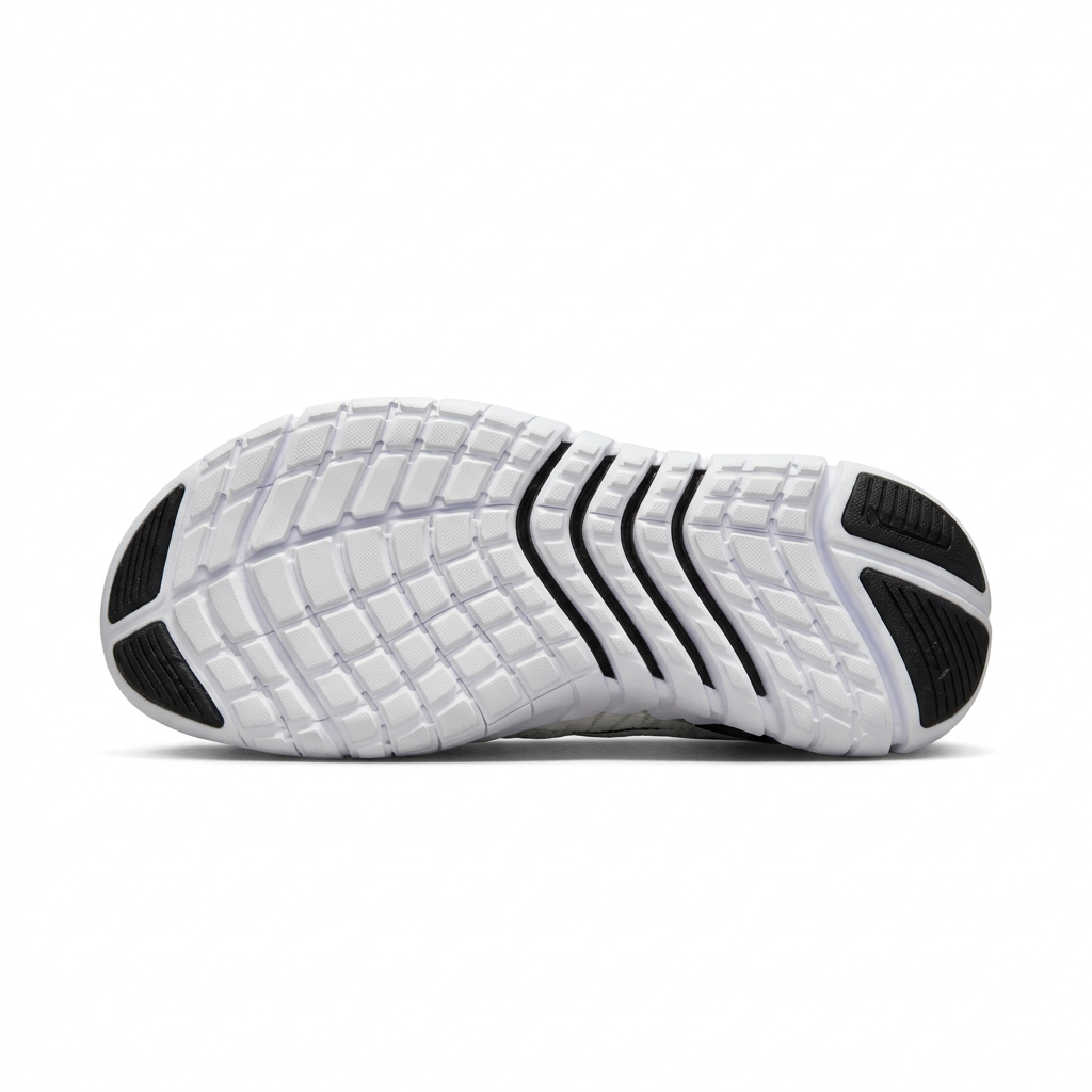 White Nike sneaker outsole with black traction sections on white background