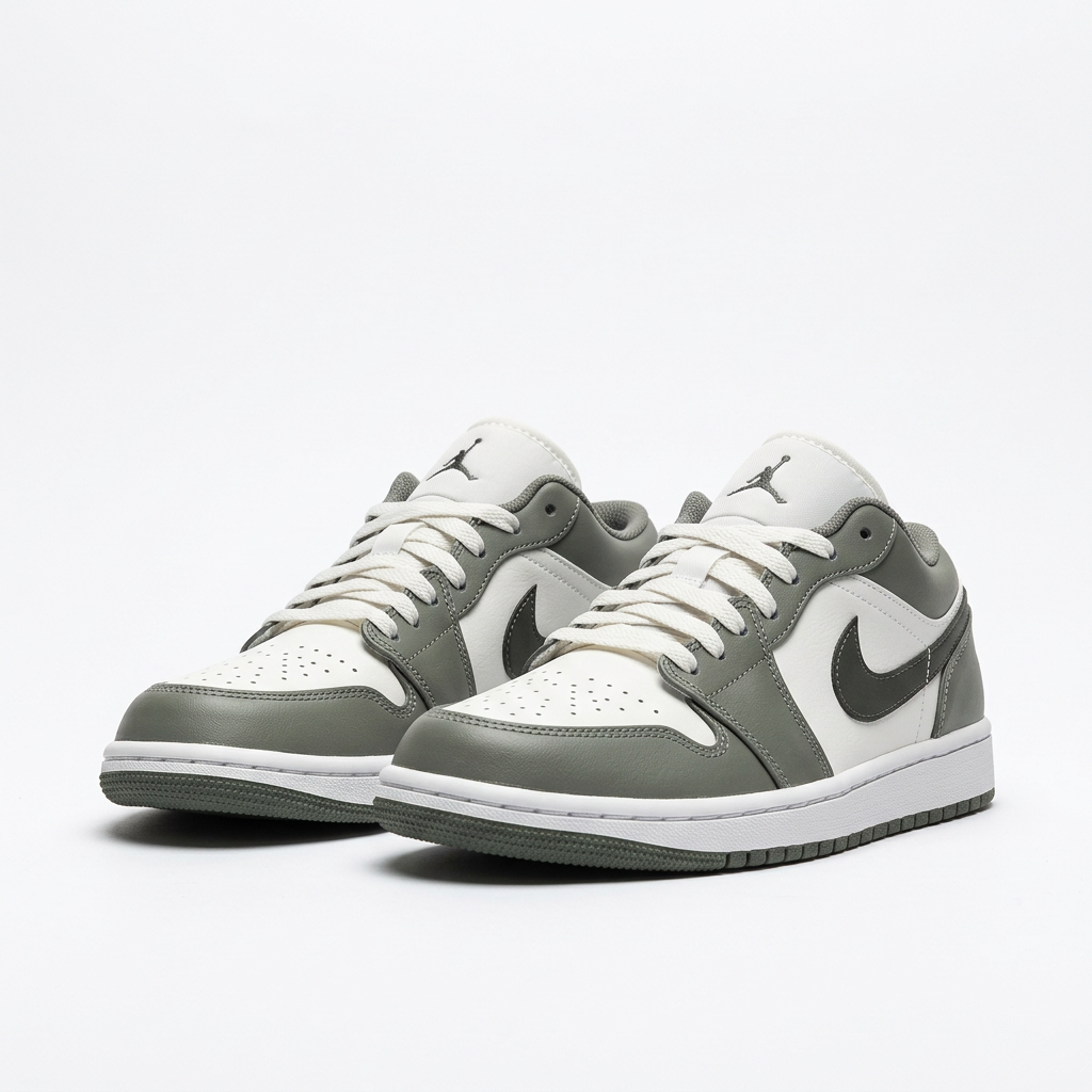 Front view of the grey and white Air Jordan 1 Low sneakers