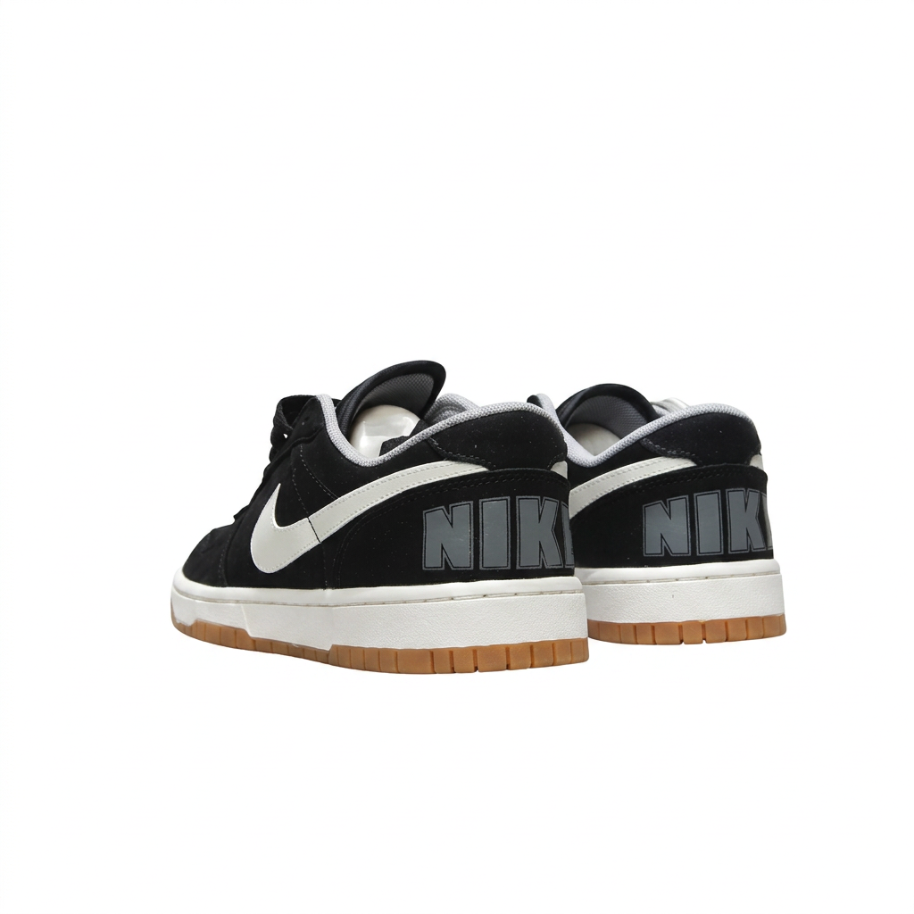 Black Nike sneakers with large grey NIKE heel lettering, rear view on white background