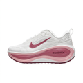White Nike sneaker with rose-pink Swoosh and layered pink sole, side view on white background