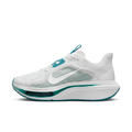 Left-facing white Nike sneaker with grey-green side panels, white Swoosh and teal sole accents on white.