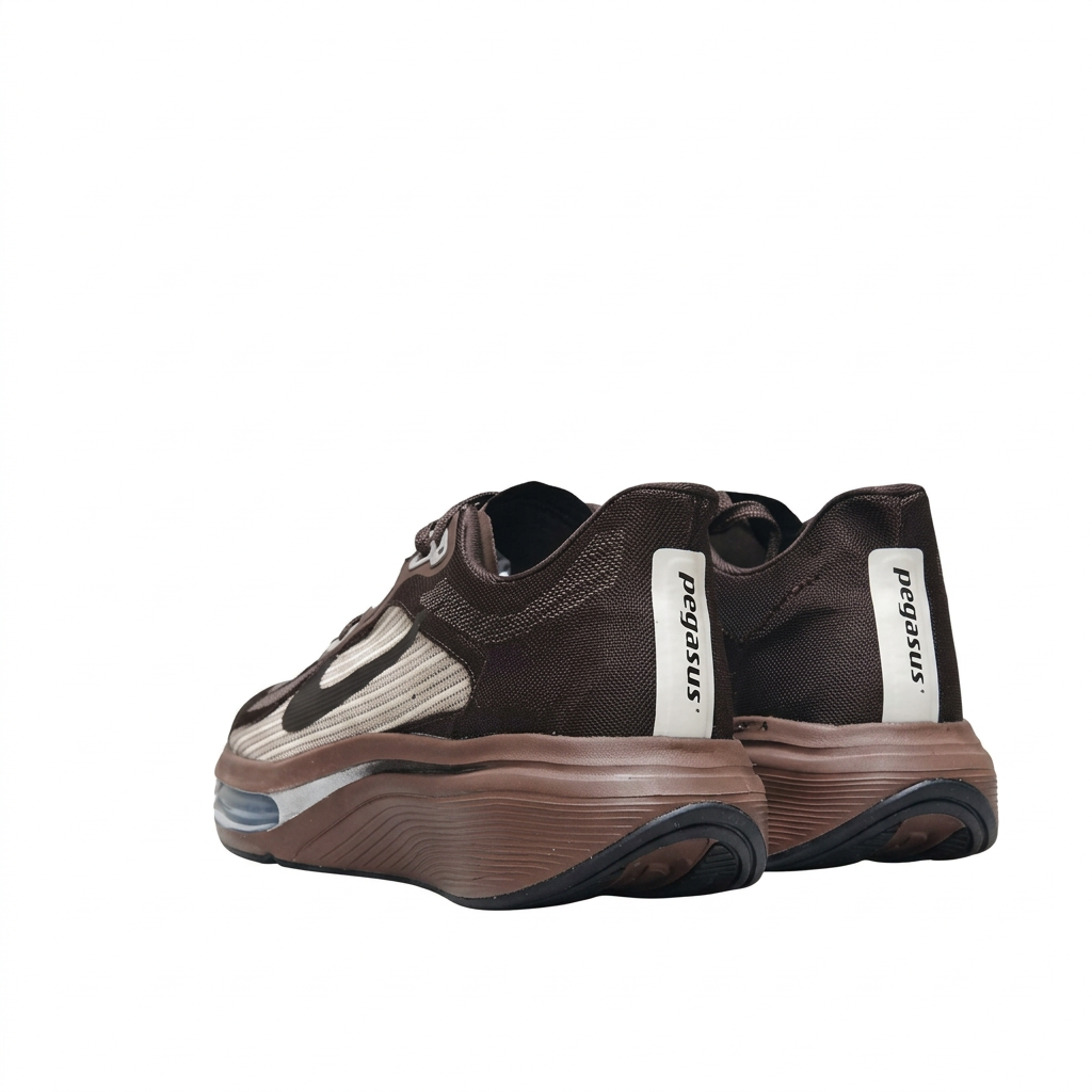 Rear view of dark brown Nike sneakers with cream heel strips and sculpted brown soles on white.