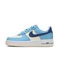 Light blue and cream Nike Air Force 1 with navy Swoosh, side view on white background