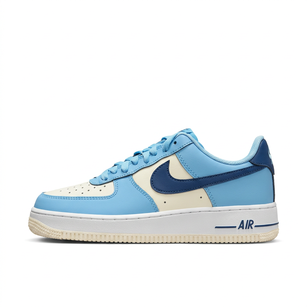Light blue and cream Nike Air Force 1 with navy Swoosh, side view on white background