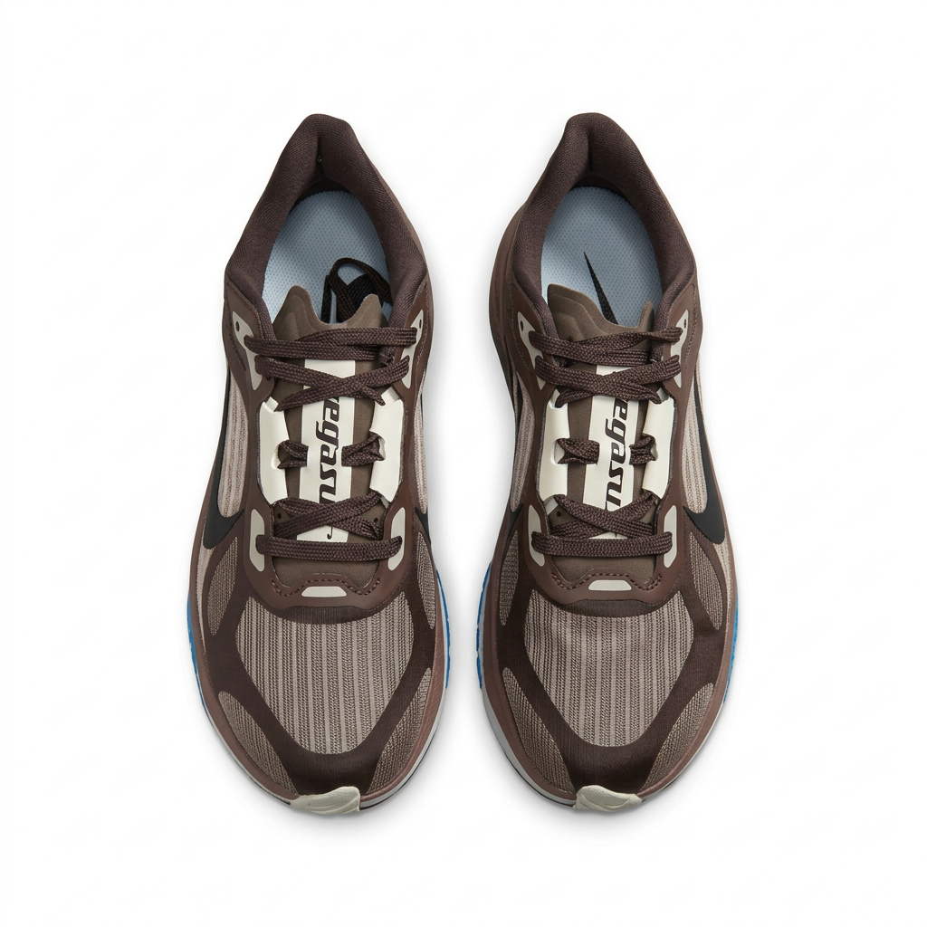 Top view of dark brown and taupe Nike sneakers with brown laces and cream tongue details on white.