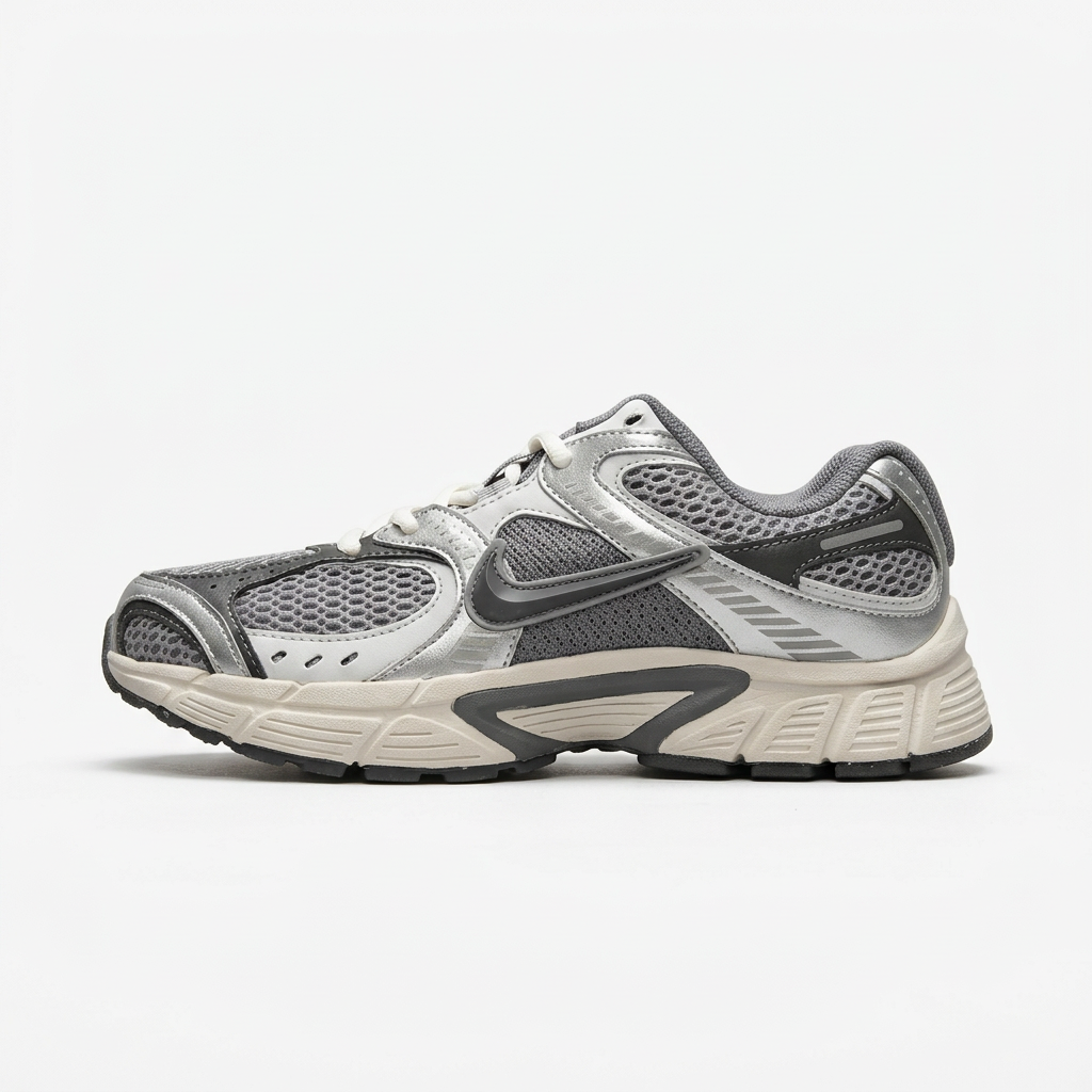 Silver and grey Nike mesh sneaker with cream midsole, side view on white