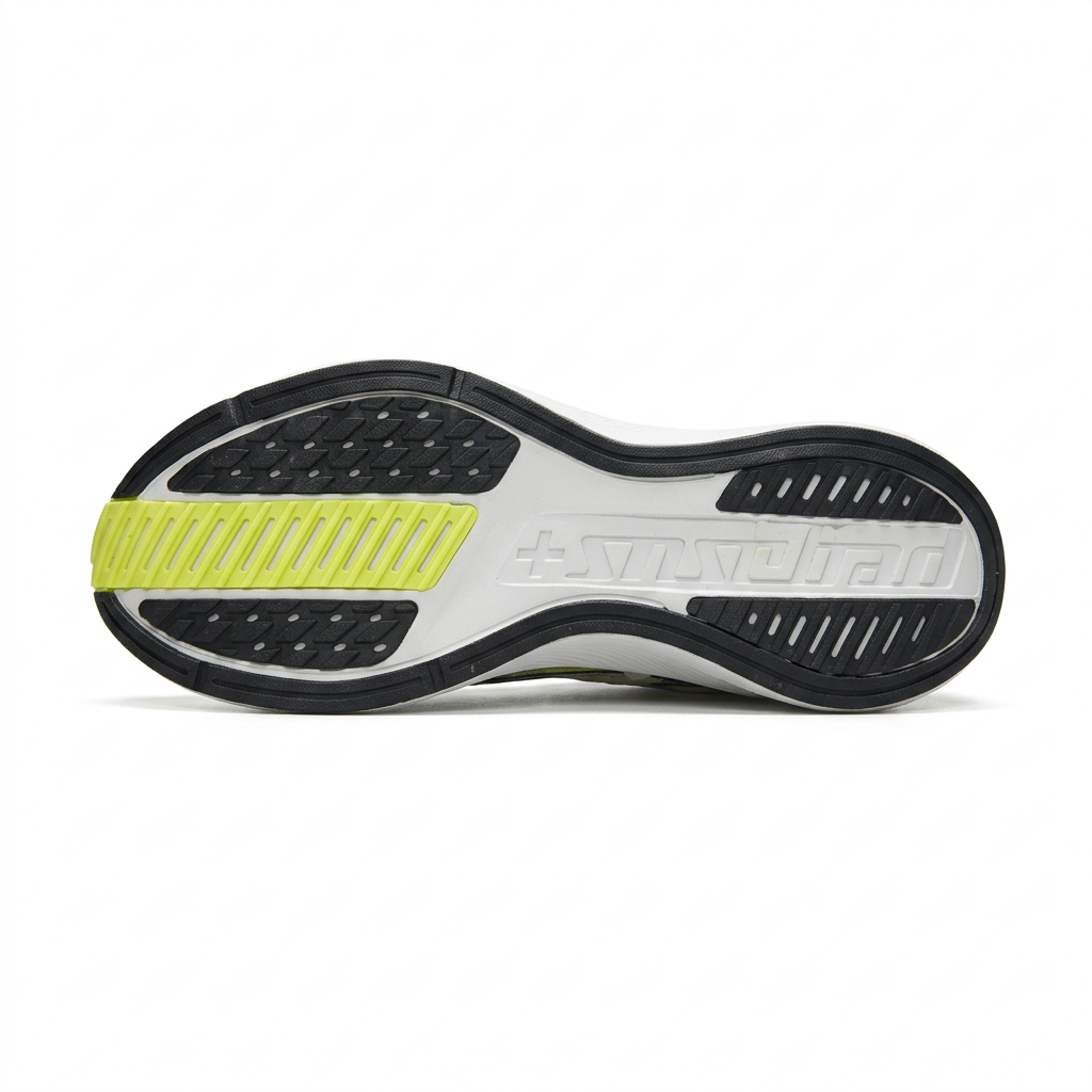 Black and white Nike sneaker outsole with a neon lime forefoot section on white.