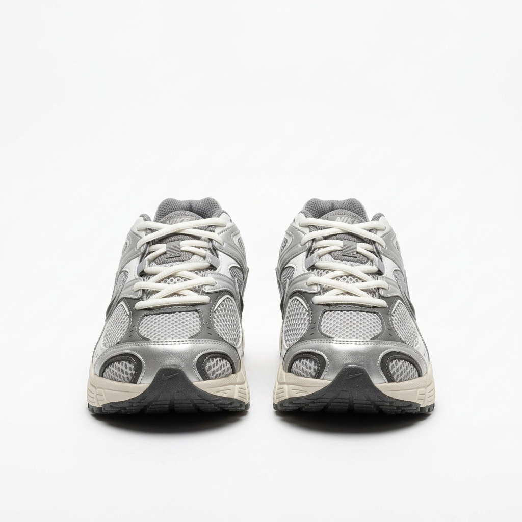Silver grey Nike mesh sneakers with white laces, front view on white