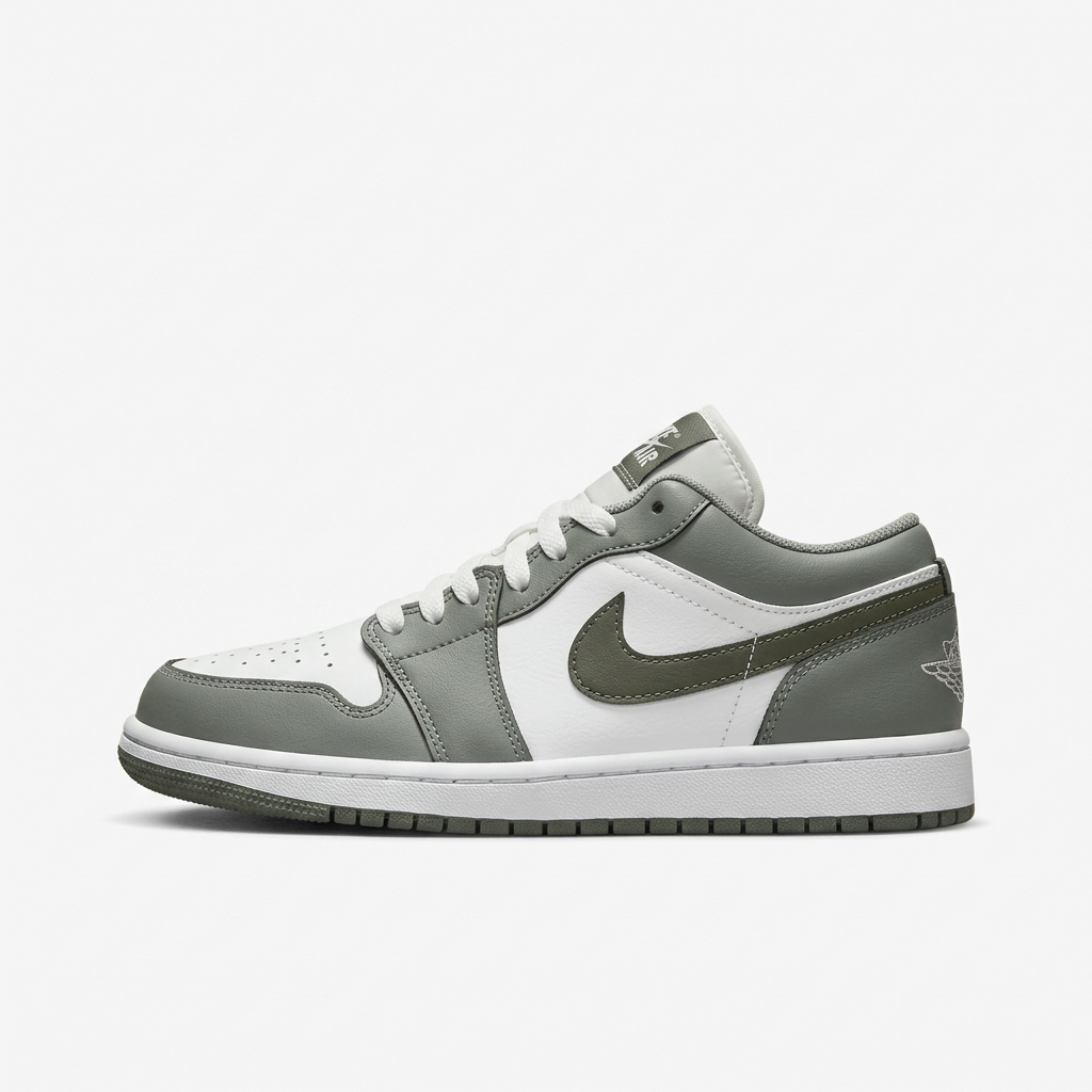 Air Jordan 1 Low sneaker in grey and white with an olive-green Swoosh, side view