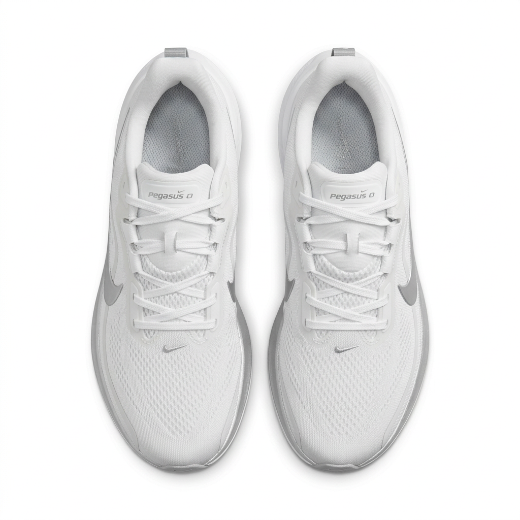 White Nike Pegasus sneakers with mesh uppers and silver-grey details, overhead view on white background