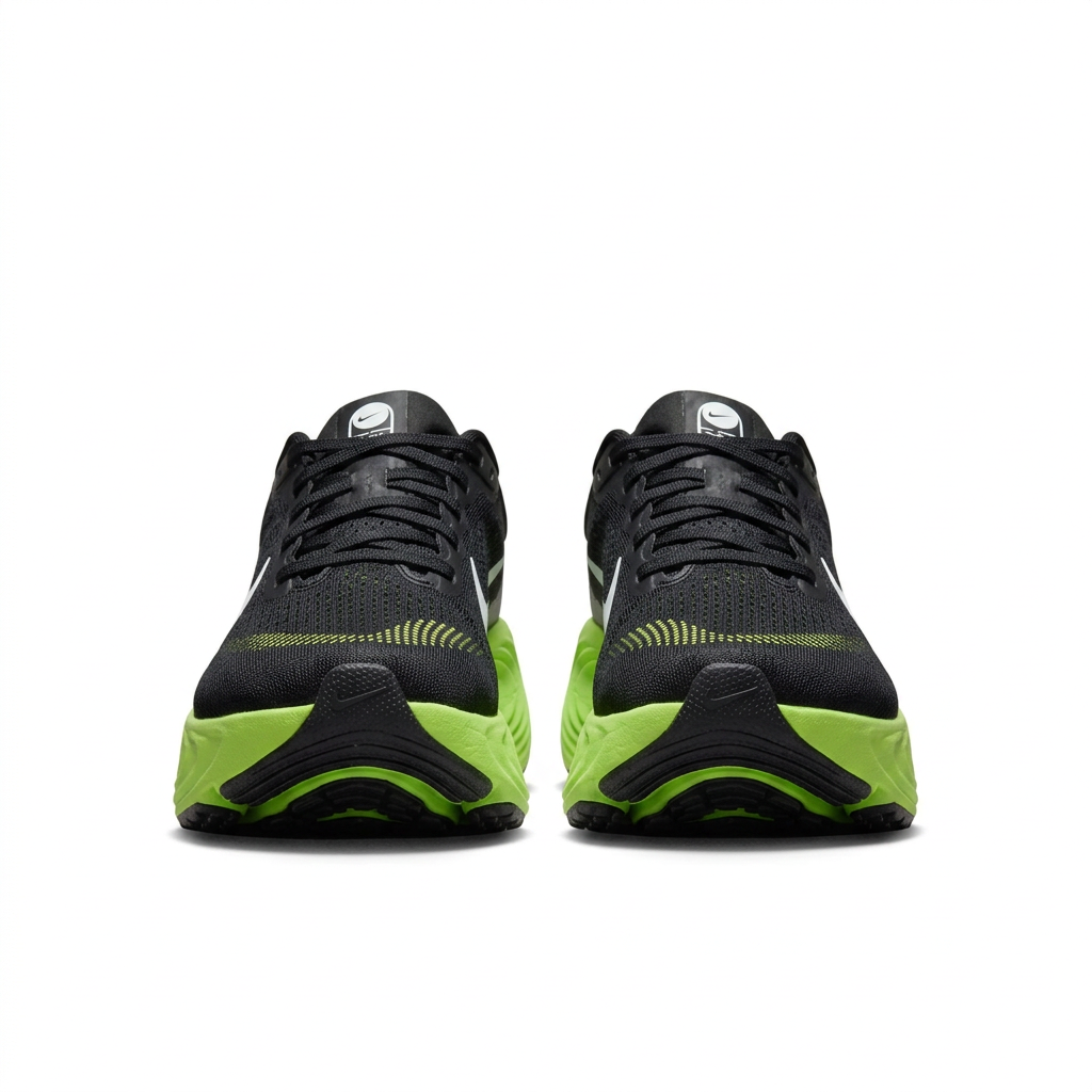 Black and neon-lime Nike sneakers, front view on white background