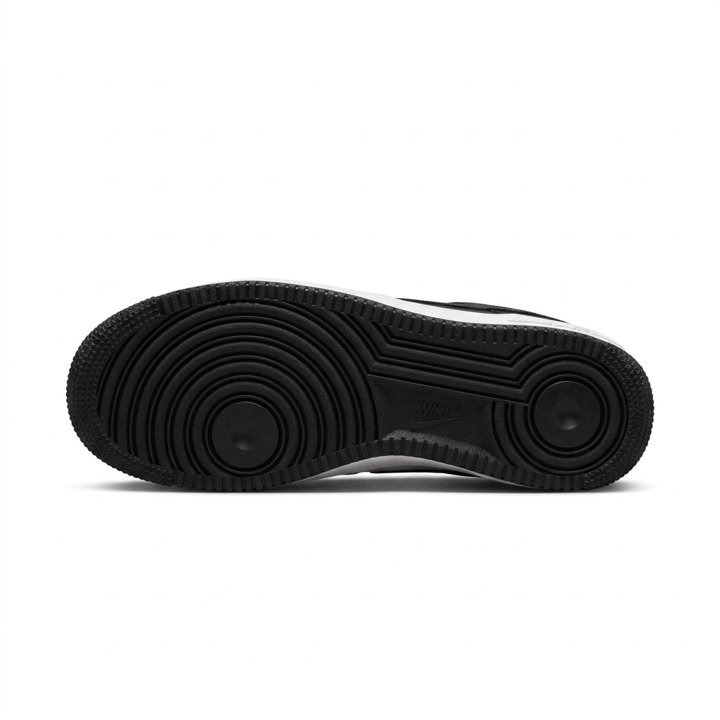 Black Nike Air Force 1 outsole with circular tread on a white background.