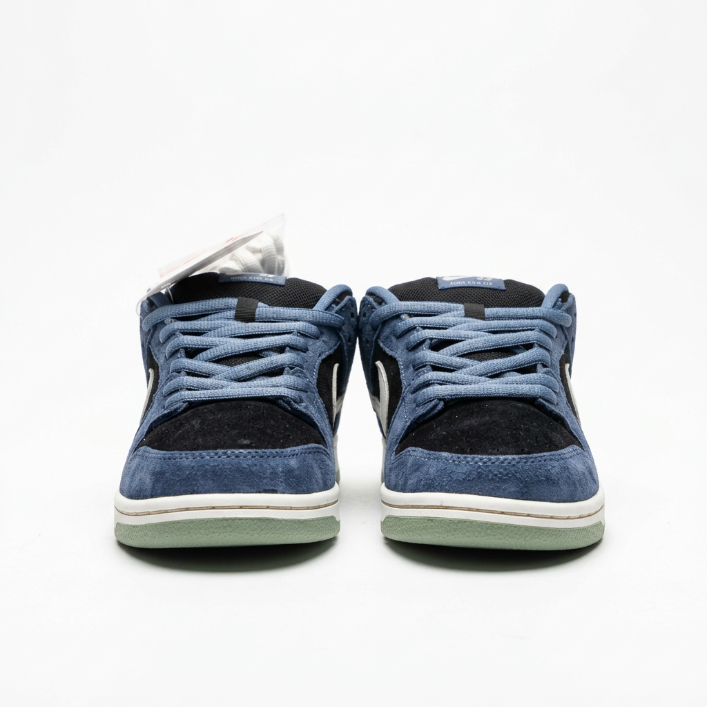 Front view of the Nike navy blue and black suede low-top sneakers