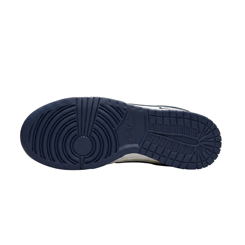 Navy Nike sneaker outsole with circular forefoot tread on white background